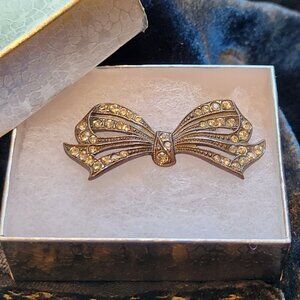 VTG Sterling & White Crystal w/Raised Dot Embellishment Bow Pin, 1 5/8"W x 3/4"H